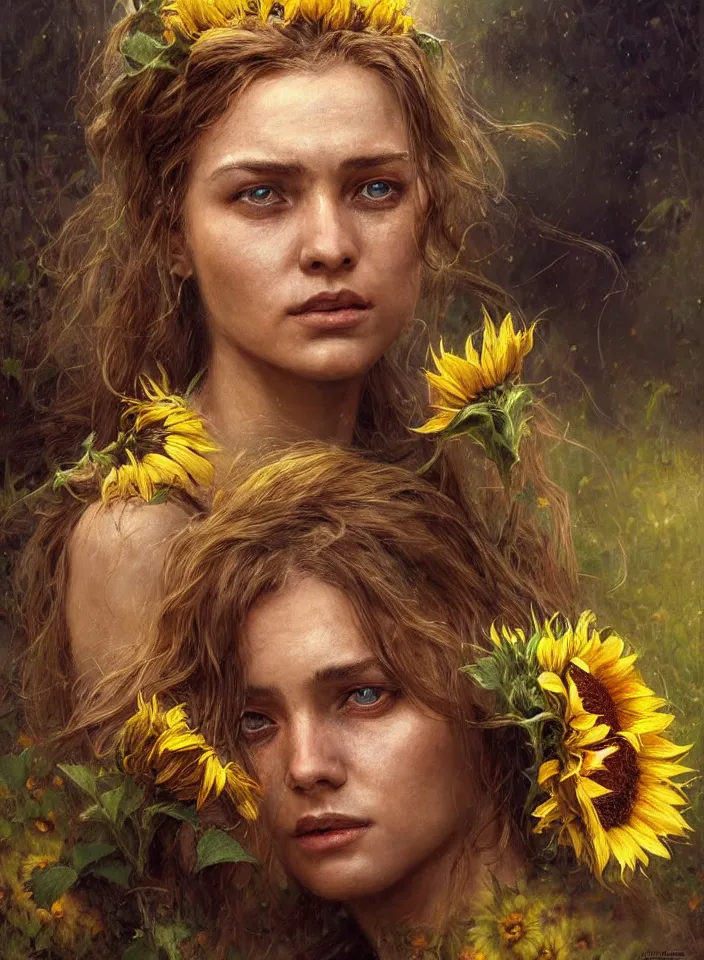 Image similar to close face portrait of a female ukraine soldier with a sunflower in her hair, summer season, moody scene, highly detailed, intricate, sharp details, summer vibe, gorgeous scene by gaston bussiere, craig mullins, somber lighting, drawn by giacomo burattini, inspired by graphic novel cover art, hyperrealistic, 8 k by rhads