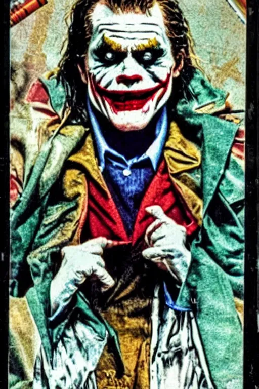 Prompt: Willem Dafoe as the Joker on a 1980s horror movie VHS cover, vintage 80s, scary, horrifying, terror