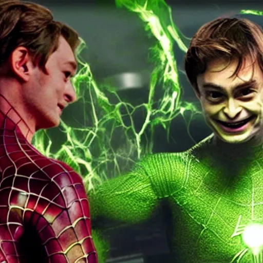 Prompt: Tobey Maguire as the Green Goblin, fighting Daniel Radcliffe as Spider-Man, 2023 movie preview, screenshot, promotional still, Ultra HD, 8k, realistic