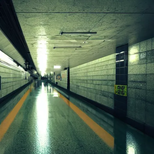 Image similar to photo of a subway station, the floor is flooded with one meter deep water. eerie, volumetric lighting