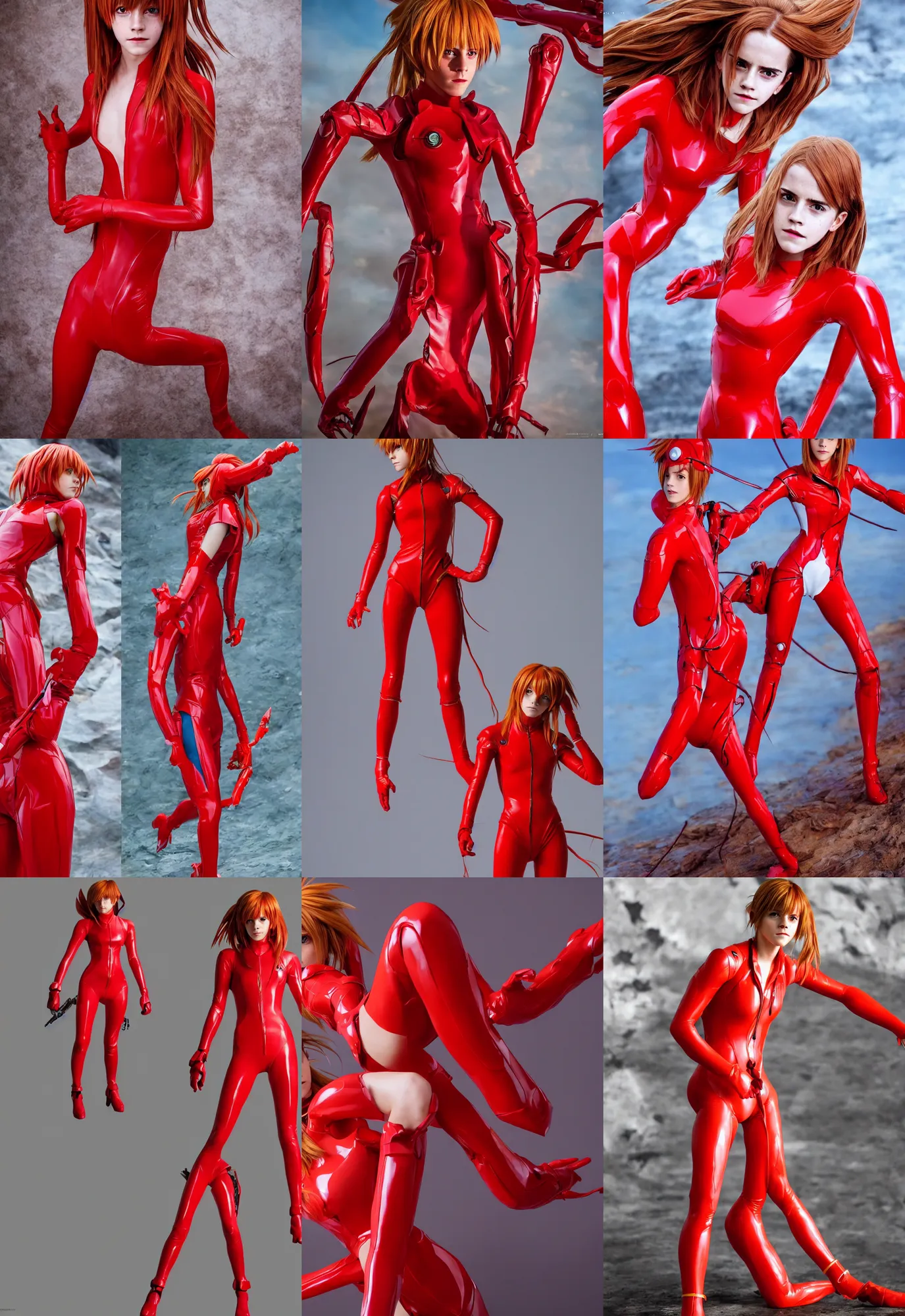 Prompt: Emma Watson cosplaying as Asuka Langley , in her signature red plugsuit , DSLR , wallpaper , Asuka from Evangelion cosplay solo photoshoot , full body , cinematic 4K blu-ray , japanese live-action movie