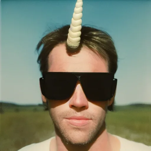 Image similar to grainy head to shoulder portrait polaroid film photograph of a unicorn in a national state park wearing aviator shades. super resolution. surreal. extremely detailed. polaroid 6 0 0 film. by annie leibovitz and richard avedon