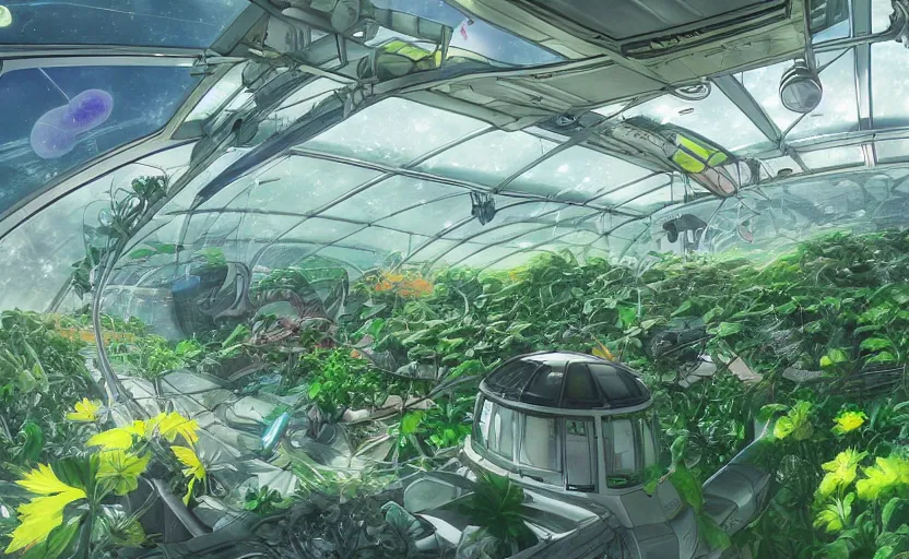 Image similar to lush greenhouse on a spaceship flying in space, concept art, by akira toriyama, artstation, digital art