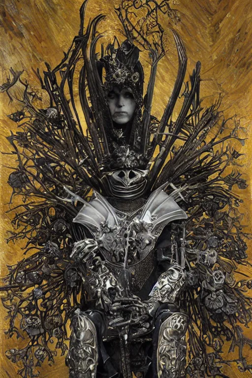 Image similar to The Knight of Bones by Karol Bak, Jean Deville, Gustav Klimt, and Vincent Van Gogh, portrait of a handsome vampire knight in armor, piercing grey eyes, ornate armor covered in thorns, bat wings, ornate dramatic bat wing helmet, mystic eye, otherworldly, skulls, fractal structures, arcane, inscribed runes, infernal relics, ornate gilded medieval icon, third eye, spirals