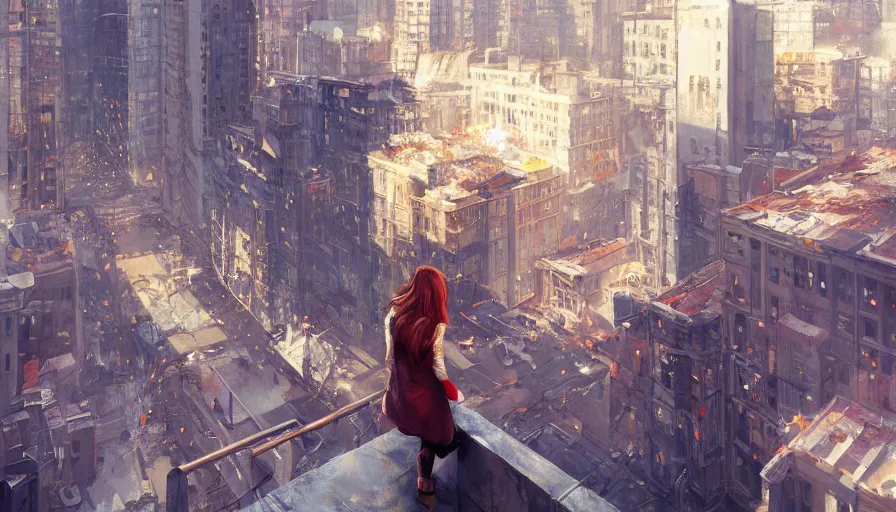 Image similar to woman, city, looking down, street top view, fire by wlop, artgerm, greg rutkowski