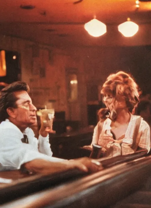 Image similar to a close - up, color cinema film still of a johnny cash talking to a beautiful waitress at hooters, ambient lighting at night.