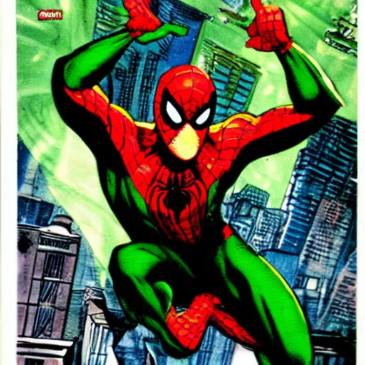 Image similar to comic book art of a green red spider man in Dhaka comic book art by Stan Lee