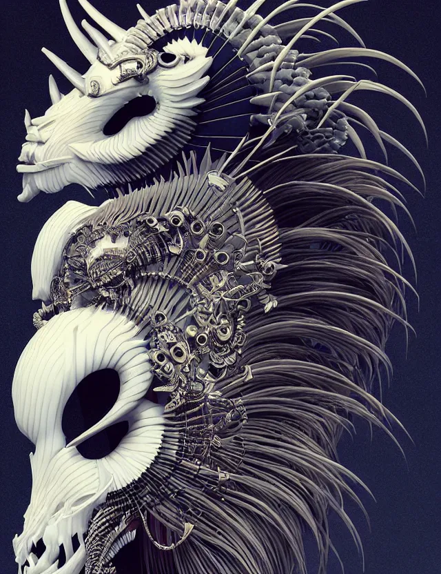 Image similar to 3 d goddess close - up profile simple portrait punk with mohawk with goat skull. beautiful intricately detailed japanese crow kitsune mask and clasical japanese kimono. betta fish, jellyfish phoenix, bio luminescent, plasma, ice, water, wind, creature, artwork by tooth wu and wlop and beeple and greg rutkowski