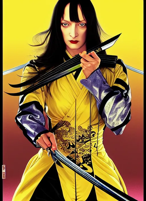 Image similar to uma thurman in kill bill as a very cool warrior, rococo and art nouveau fusion, swinging reflective katana, yellow jumpsuit with black stripe, highly detailed, deep focus, elegant, digital painting, smooth, sharp focus, illustration, ultra realistic, japanese art by artgerm and alphonse mucha