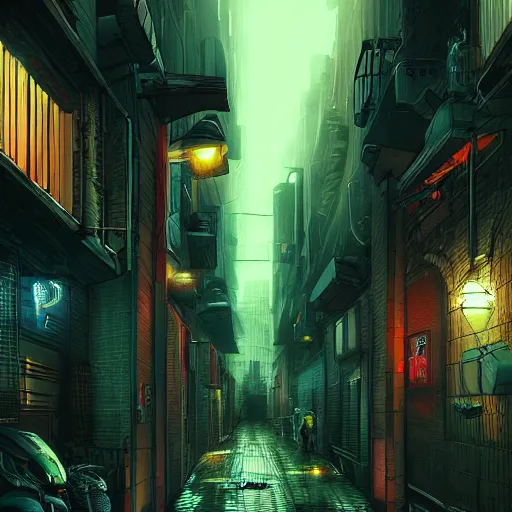 Prompt: epic digital matte paining of a dark alleyway in a cyberpunk city at nighttime by jama jurabaev and denis villeneuve, extremely detailed, artstation