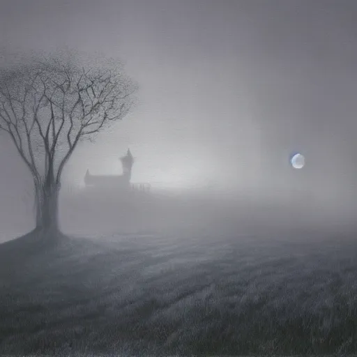 Image similar to A haunting dark castle stands over a misty orchard, a crescent moon dimly shines; lighting a small path that winds through the trees. A matte painting in the style of Wayne Barlowe, Zdzisław Beksiński, by Mordecai Ardon.