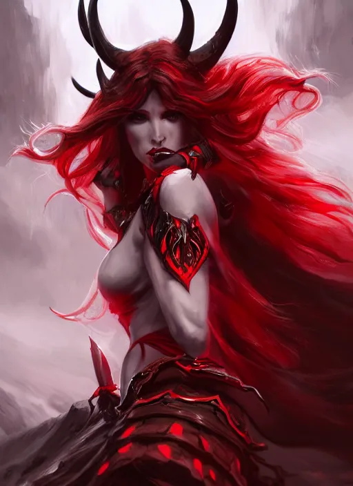 Image similar to a highly detailed illustration of fierce beautiful long white haired horned demon woman wearing red and black battle dress, dramatic power pose, perfect face, perfect body, intricate, elegant, highly detailed, centered, digital painting, artstation, concept art, smooth, sharp focus, league of legends concept art, wlop.