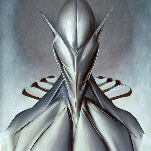 Image similar to 3 / 4 view of an origami alien, eye - level medium shot, elegant, by h. r. giger, by esao andrews, by eiko ishioka, centered, high depth of field, origami, rich volumetric light, 3 d oil painting, smooth, concept art, japanese, reallusion character creator, depth perception, 4 k, deviantart