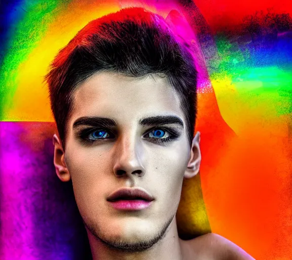 Image similar to extremely beautiful young man with hyperealistic glossy rainbow eyes, digital art, vivid background seductive look.