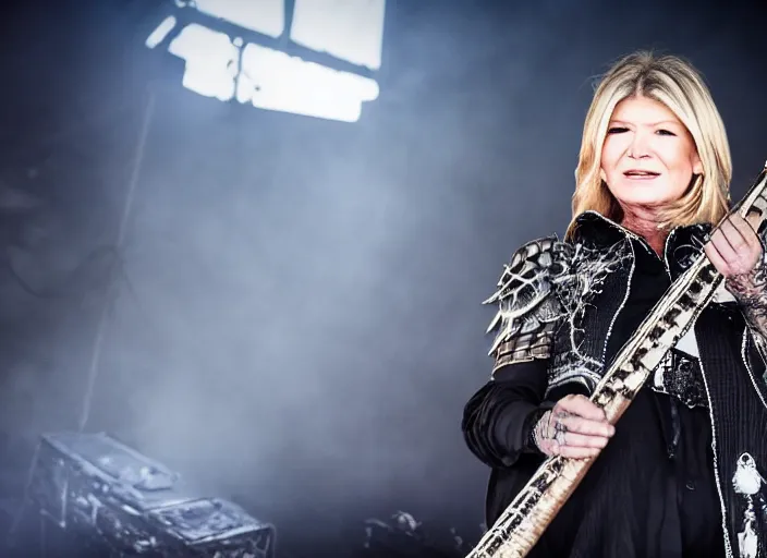 Image similar to publicity photo still of martha stewart in dimmu borgir playing live on stage, 8 k, live concert lighting, mid shot