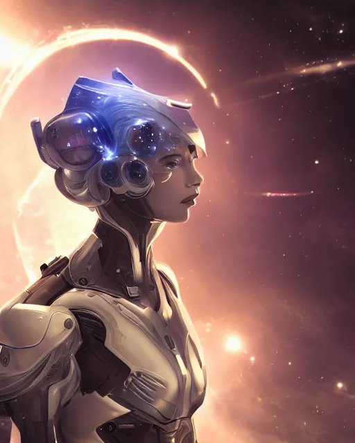 Prompt: photo of a android girl on a mothership, warframe armor, beautiful face, scifi, nebula, futuristic background, galaxy raytracing, dreamy, sparks of light, long white hair, blue cyborg eyes, glowing, 8 k high definition, insanely detailed, intricate, innocent, art by akihiko yoshida, antilous chao, li zixin, woo kim