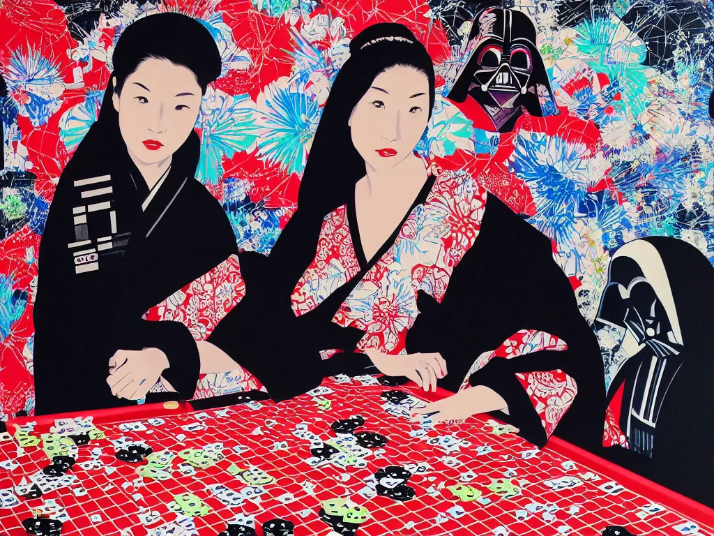 Image similar to hyperrealism composition of the detailed woman in a japanese kimono sitting at an extremely detailed poker table with darth vader, fireworks on the background, pop - art style, jacky tsai style, andy warhol style, acrylic on canvas