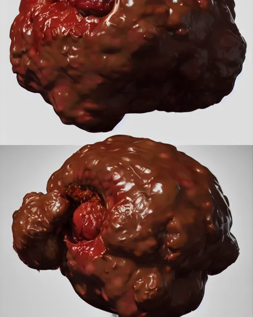 Image similar to Gooey Oily, Gross and Disgusting stunning orbiting Giant fleshy meatball with a tongue sticking out of its mouth. 4D render, soft render, hairy meatball, surreal food by Greg Rutkowsi and Stefan Koidl, artstation