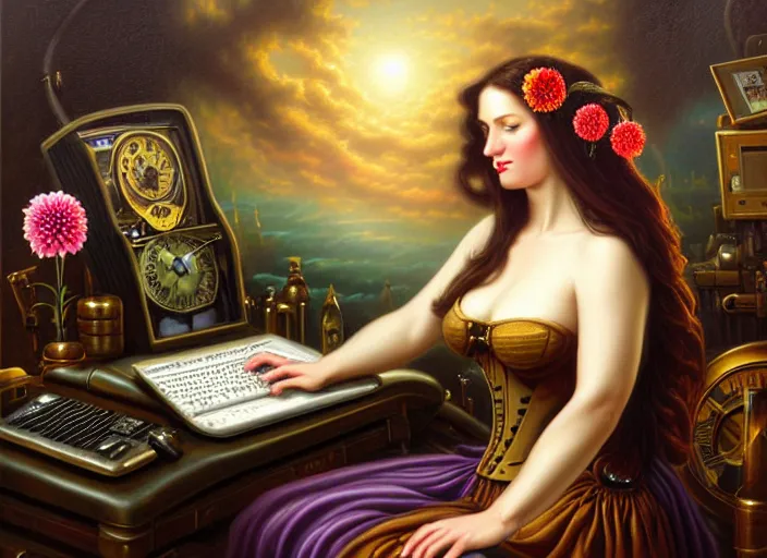 Prompt: classic oil painting, side view of a woman with dark long hair using a steampunk pc, a dahlia flower is in her hair, sitting inside a cluttered storage room, sleepcap, cottagecore, keyboard, extremely detailed, digital illustration, concept art, readability, smooth, sharp focus, painted by alex grey, painted by brothers hildebrandt, thomas kindkade