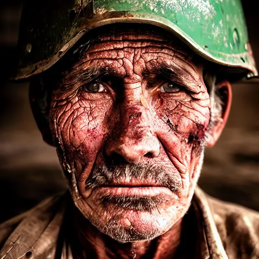 Image similar to A beautiful high quality portrait photo of an old puruvian mine worker with wrinkles, dirty face, helmet, by Steve McCurry, dramatic lighting and colors