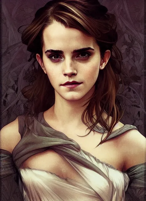 Image similar to emma watson giving seductive look. beautiful detailed face. by artgerm and greg rutkowski and alphonse mucha
