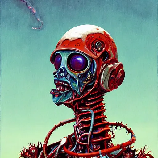 Image similar to Zombie astronaut portrait half face robot,highly detailed, very coherent, painted by Francis Bacon and Edward Hopper, Wayne Barlowe, painted by James Gilleard, surrealism, airbrush, art by JamesJean