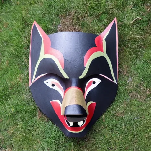 Prompt: painted wooden wolf mask, pacific northwest indigenous style