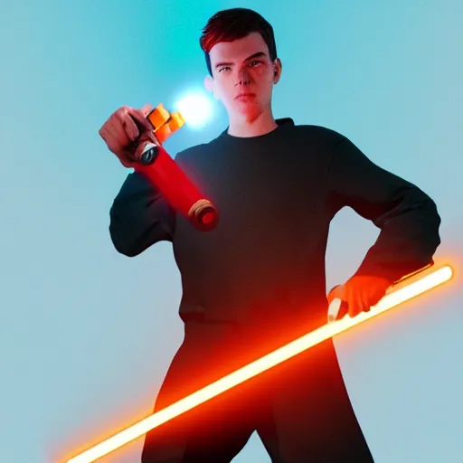 Image similar to rex orange county as a superhero holding an orange lightsaber, highly detailed, octane render, rendered in unreal engine 5, 8 k, hyperrealistic, trending on artstation