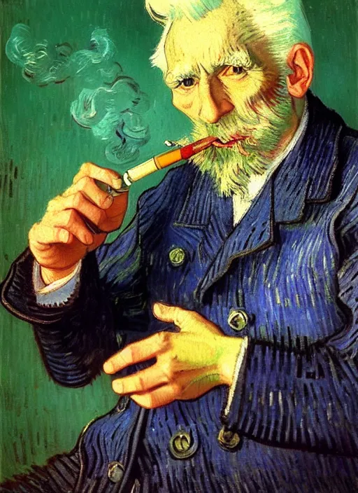 Image similar to portrait of a very old sailor with white hair smoking a pipe, detailed realism face in painting, detailed beautiful portrait, expressionist oil painting masterpiece, 8 k resolution, smooth, sharp focus, pastel color palette, trending on artstation, by van gogh