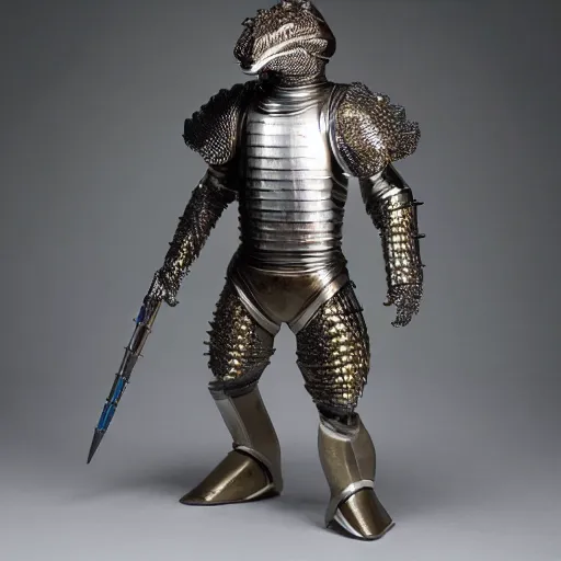 Image similar to a humanoid Pangolin armored knight with metallic armor that looks similar to a pangolin and biotechnology mesh