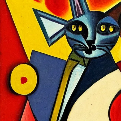 Image similar to a cubism painting of a cat dressed as French emperor Napoleon