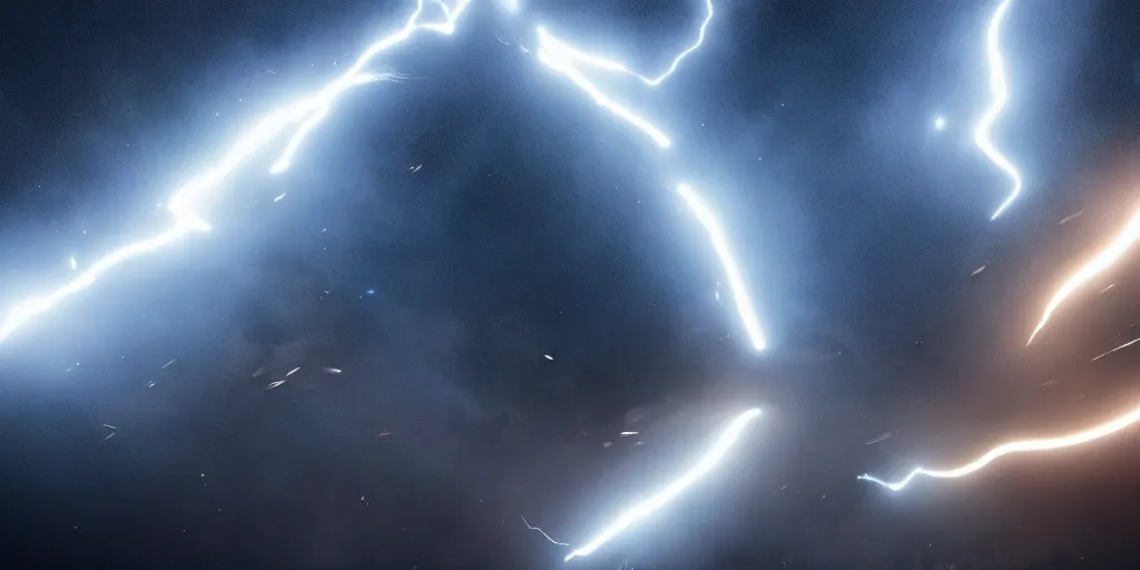 Image similar to huge space battle, lightning, moody lighting, 8 k