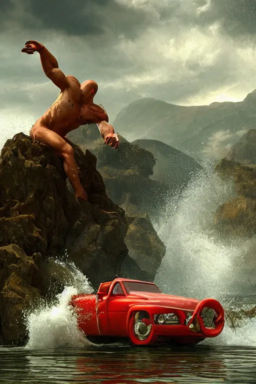 Image similar to martyn fords as huge muscular demon with ram's horns and emerging from lake in rockies, water splashing cascading, beautiful day, by albert bierstadt, ruan jia, jack kirby, norman rockwell, wayne barlow, sergey krasovskiy, zdzislaw beksinski, artstation 3 d render character creature