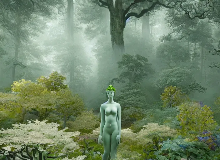 Image similar to an idealistic marble statue with fractal flowery hair and fair porcelain face and green eyes, in a magical forest, painted by, mc escher, gordon onslow ford, georgia o'keeffe and ivan aivazovsky, cinematic light, god rays, colourful, unreal engine, zbrush central,