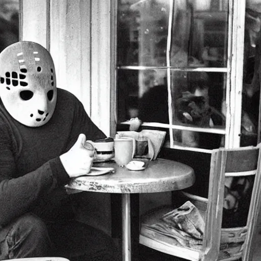 Image similar to photograph of jason voorhees having a coffee at an european caffé, light and cheerful photograph, nostalgic look