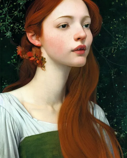 Prompt: a happy, modern looking young woman, seen from behind, among the lights of golden fireflies and nature, long loose red hair, intricate details, green eyes, small nose with freckles, oval smiling face, golden ratio, high contrast, hyper realistic digital art by artemisia lomi gentileschi and caravaggio and artgerm.