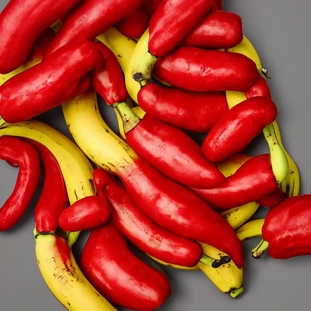 Image similar to fat banana in the shape of red cracked pepper, closeup, hyper real, food photography, high quality