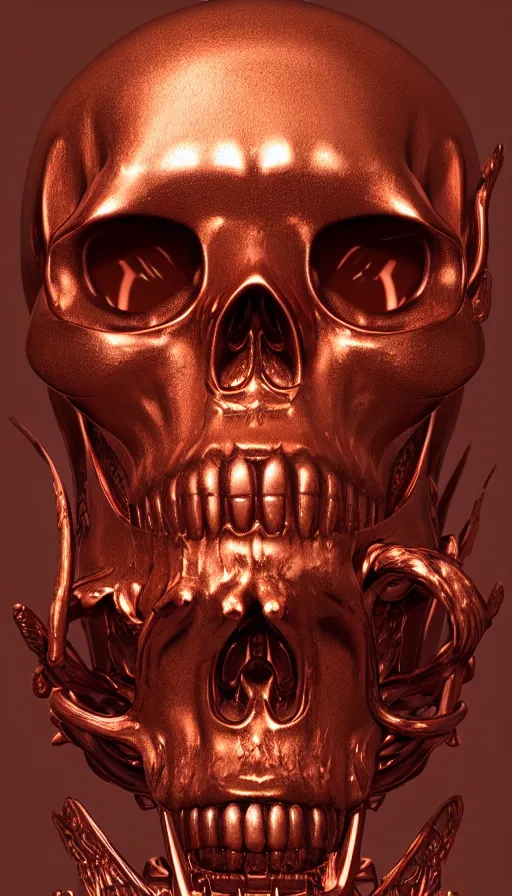 Image similar to portrait of a carved copper skull. intricate detail. melting. by Tooth Wu, wlop, beeple, dan mumford. octane render, trending on artstation, greg rutkowski very coherent symmetrical artwork. cinematic, hyper realism, high detail, octane render, 8k, depth of field, bokeh.