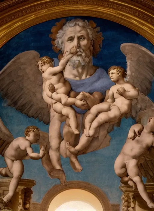 Prompt: A beautiful fresco of Bernie Sanders as God by Michelangelo, golden rays, clouds and Alexandria Ocasio-Cortez as a cherub with wings