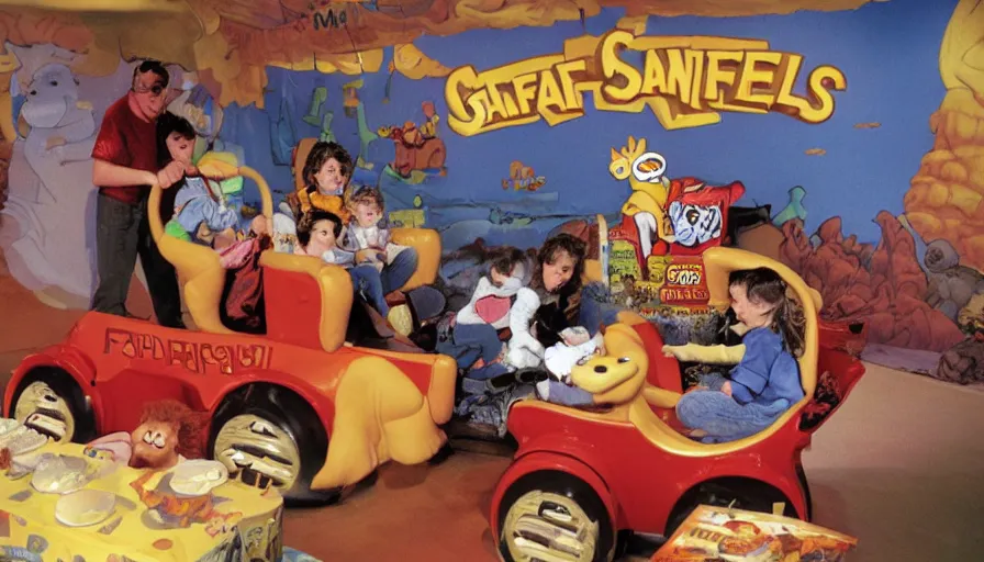 Prompt: 1990s photo of inside the Garfield's Wild Dream ride at Universal Studios in Orlando, Florida, children riding a box with a blanket, with Garfield the cartoon cat, through Jon's living room filled lasagna, coffee cups, and a big lava lamp, cinematic, UHD