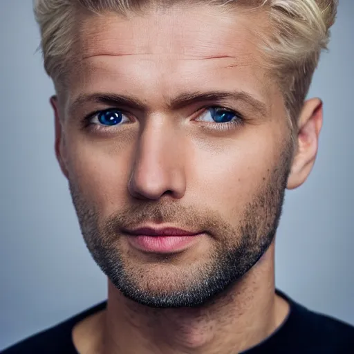 Image similar to close up of face of very handsome 4 0 year old slavic blond man with blond stubble, very short wavy blond hair in a short pompadour style, very pale skin, blue eyes, hairy shoulders, hairy chest, portrait, 4 k