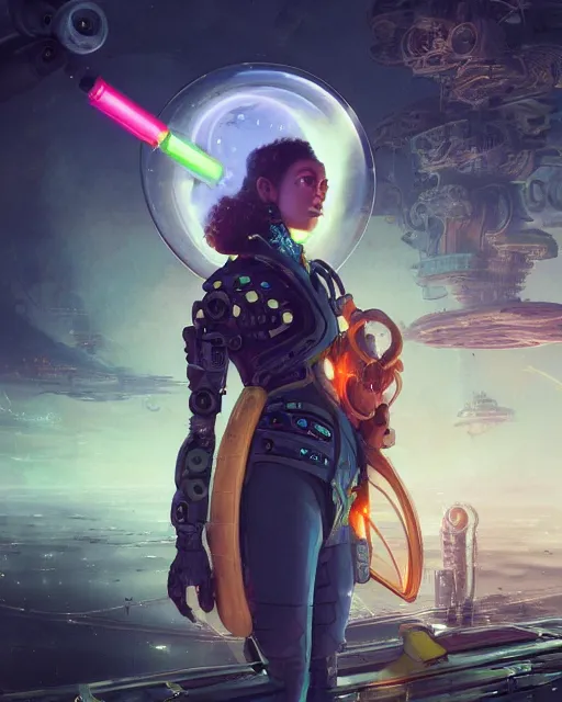 Image similar to a beautiful intricate exquisite imaginative exciting fashionable futuristic close up portrait of a female astro engineer with stern looks, mechanical uniform, neon lights on hood and jacket by ruan jia, tom bagshaw, peter mohrbacher, brian froud, futuristic organic city in the background, epic sky, vray render, artstation, deviantart, pinterest, 5 0 0 px models