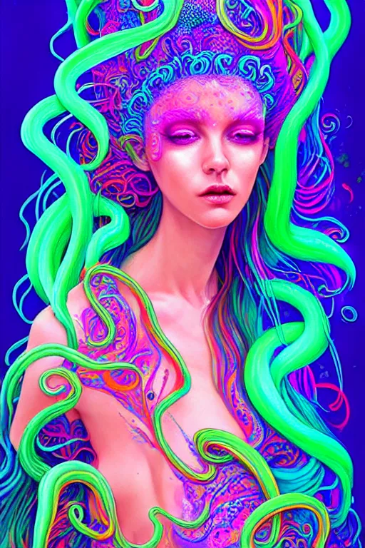 Prompt: A sea goddess with neon tentacles hair having an extremely colorful psychedelic experience, warping time and space, magic mushrooms, psilocybin, LSD, face, detailed, intricate, elegant, highly detailed, digital painting, artstation, concept art, smooth, sharp focus, illustration, art by Krenz Cushart and Artem Demura and alphonse mucha, Octane render, unreal engine, 8K