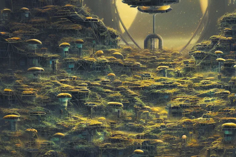 Image similar to simplicity, favela spaceship honeybee hive, fungal environment, industrial factory, cheerful, award winning art, epic dreamlike fantasy landscape, ultra realistic,