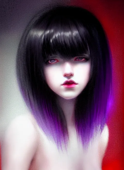 Image similar to hair blackbangs hair, white hair, blackbangswhitehair, portrait of teenage girl with black bangs, red irises, purple clothes, black bangs, bangs are white hair is black, intricate, elegant, glowing lights, highly detailed, digital painting, artstation, concept art, sharp focus, illustration, art by wlop, mars ravelo and greg rutkowski