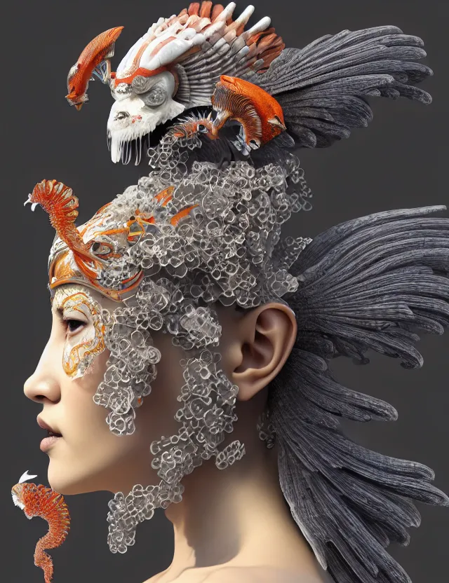 Image similar to 3 d goddess in robe close - up profile portrait with ram skull. beautiful intricately detailed japanese crow kitsune mask and clasical japanese kimono. betta fish, jellyfish phoenix, bio luminescent, plasma, ice, water, wind, creature, artwork by tooth wu and wlop and beeple and greg rutkowski