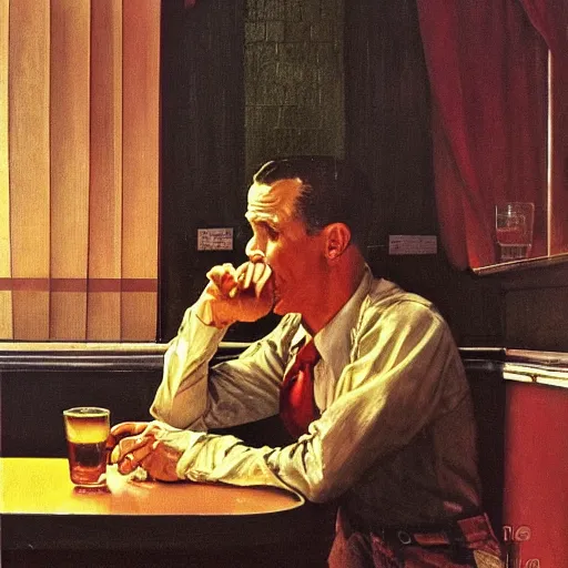 Prompt: a portrait of a man in the 1 9 6 0 s drinking alone in a bar late at night, by norman rockwell