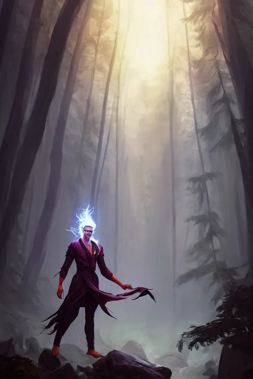 Prompt: a human elemental sorcerer, forest setting, colorful magic, male, white skin, young, sharp focus, concept art, dynamic lighting, unreal engine, character design by emylie boivin, environment by greg rutkowski