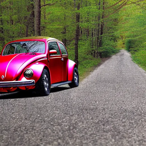 Prompt: promotional scifi - blockbuster movie scene of an insect - ladybug'glossy volkswagen beetle'hybrid. the hybrid is 2 / 3 ladybug. it is flying down a dusty backroad along a gentle creek in smokey mountains tennessee. cinematic, muted dramtic color, 4 k, imax, 7 0 mm, hdr