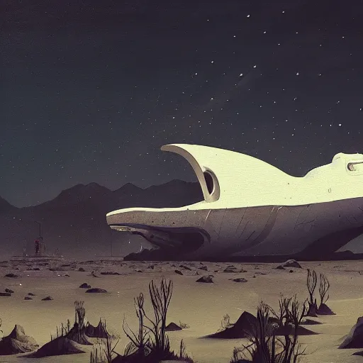 Image similar to beautiful painting of a white whale spaceship in the style of Simon Stålenhag and H. R. Giger, detailed, trending on Artstation